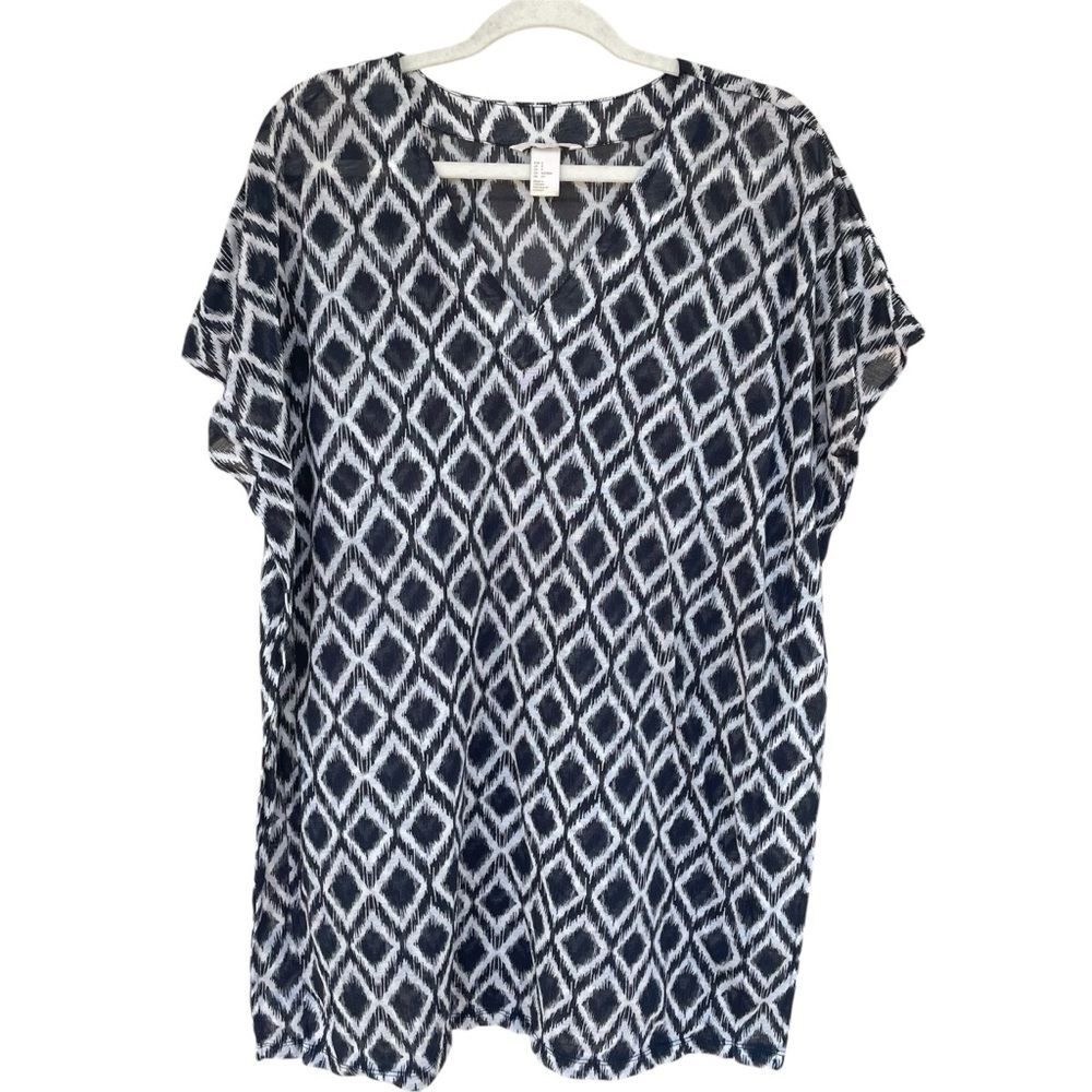H&M Women's Top Black & White Geometric Print V-Neck Blouse Size L
